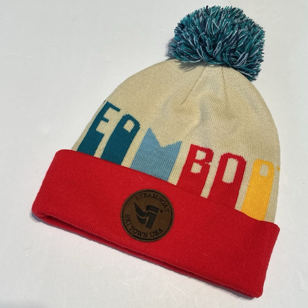 Steamboat Springs CO Skiing Winter Beanie Hat Cap Cream multicolored Knit
